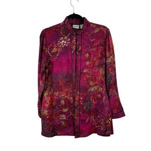 Chicos 100% Silk Purple Button Front Blouse Asian Art to Wear Womens 1 US Small